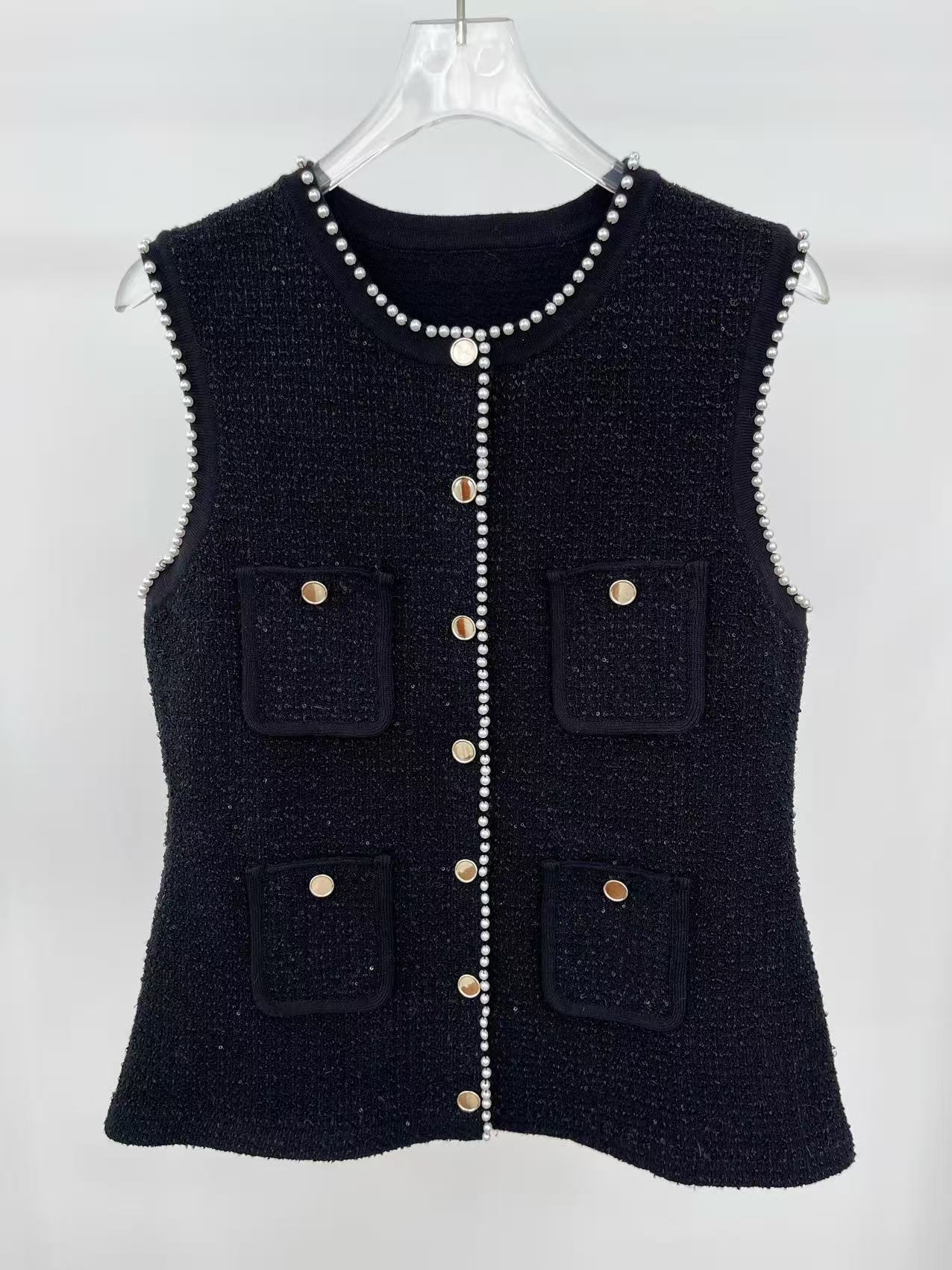 Jody Black Tweed Vest With Pearls Embellished