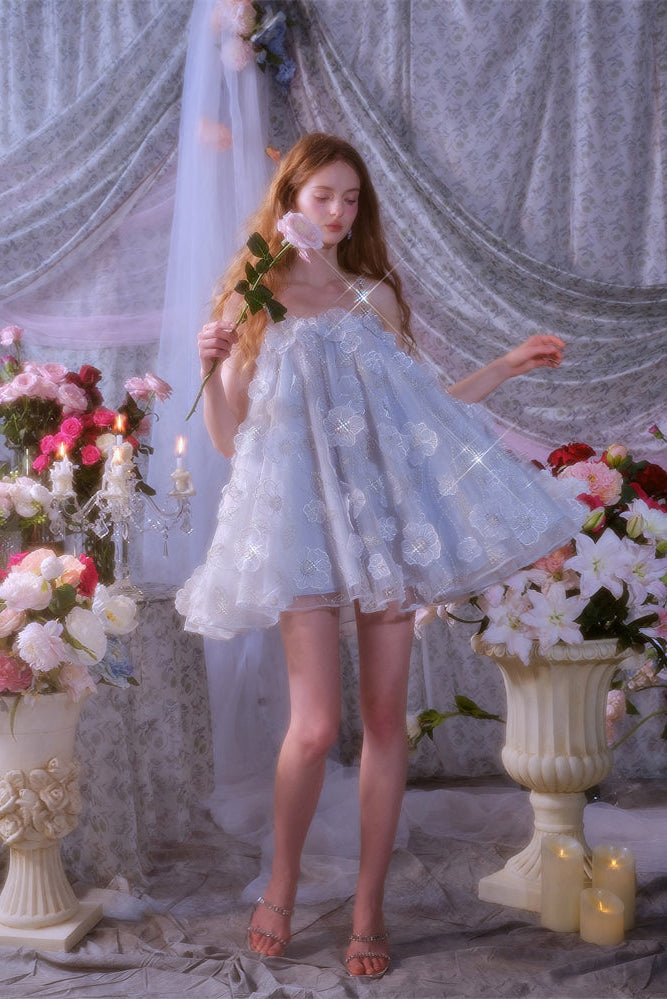 Tutu Light Blue Sleeveless Flower Diamond Short Doll Dress
