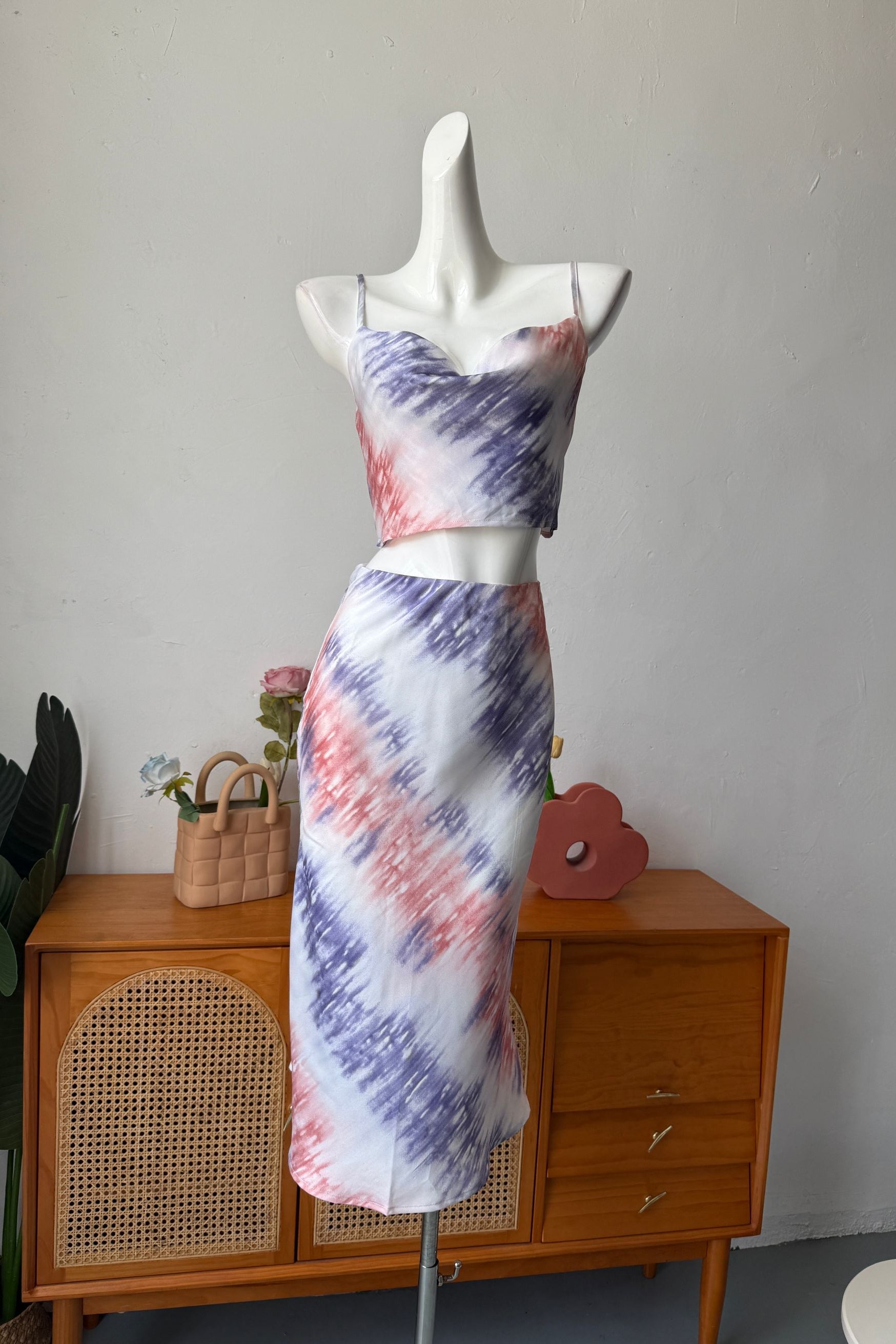 Pink Purple Tie-Dye Cropped Camisole & Slip Skirt