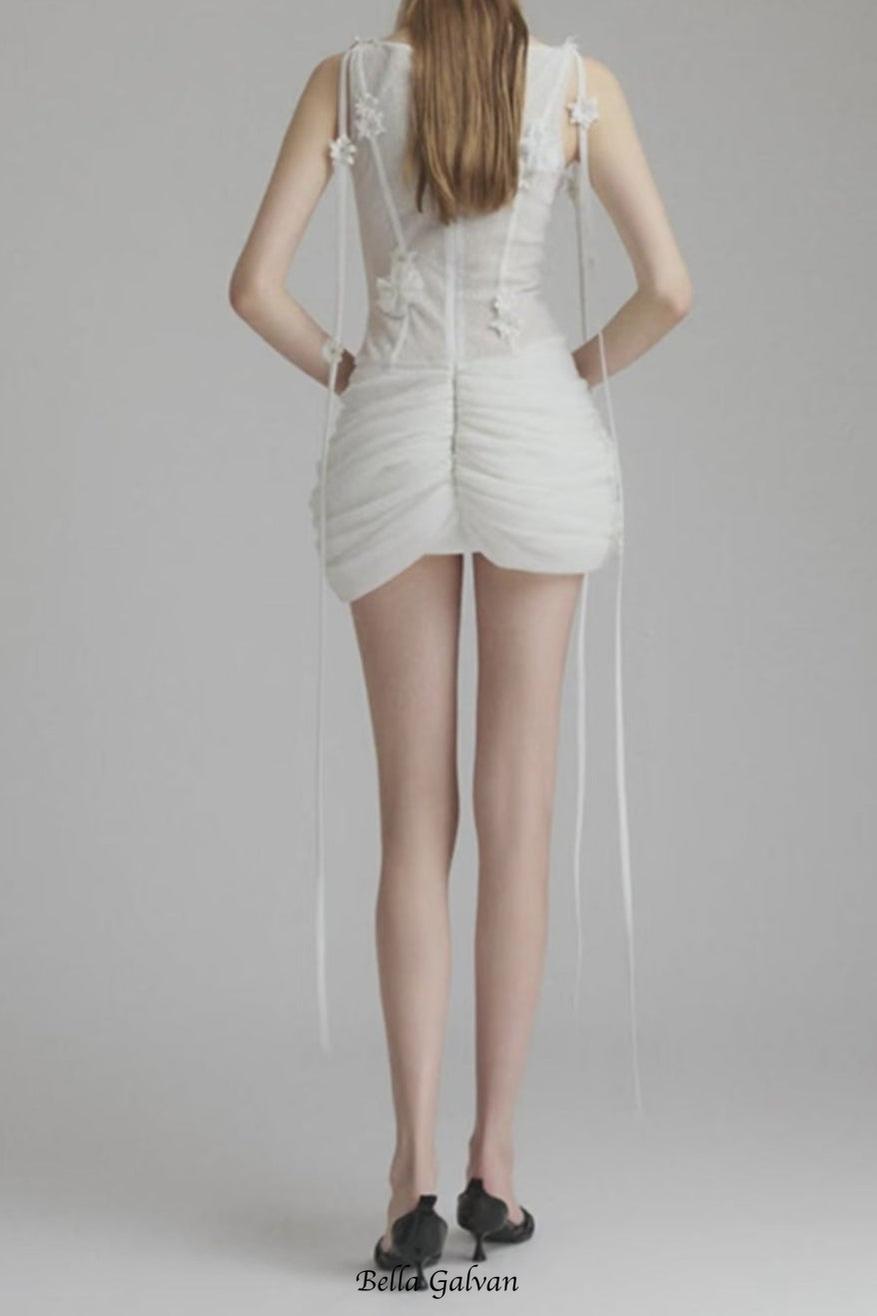 Flowering Girl Women flower embellished puff hem slim mini dress in white