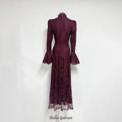 victoria Long lantern sleevelace-trim maxi dress - burgundy
