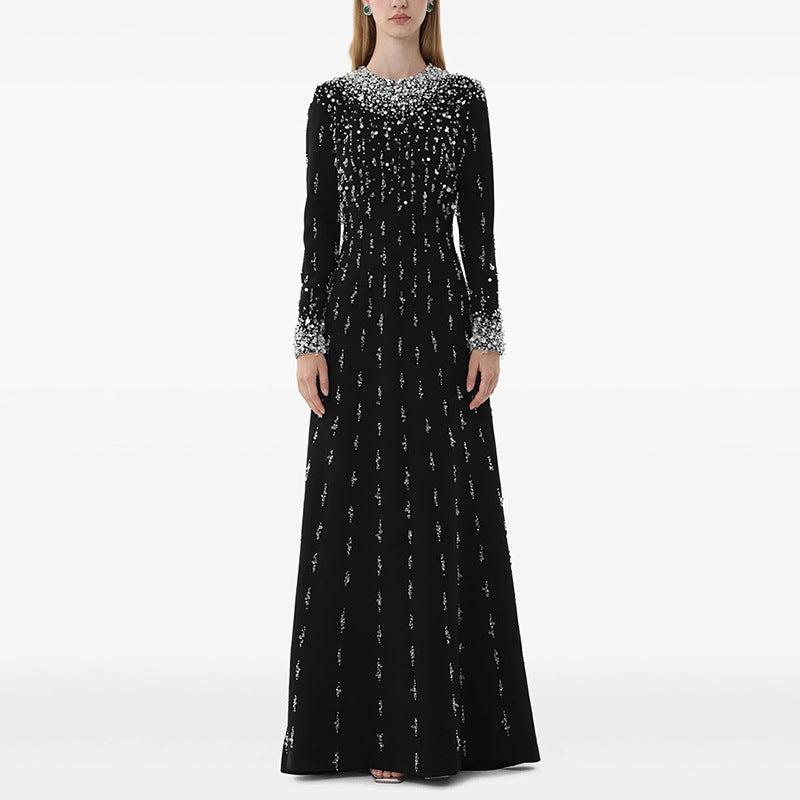 Flowering Girl Women white long sleeve beaded diamond maxi dress