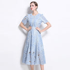 Flowering Girl Women dana hollow embroidery lace midi dress in blue
