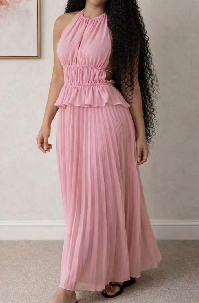Halter Neck Pleated Maxi Dress