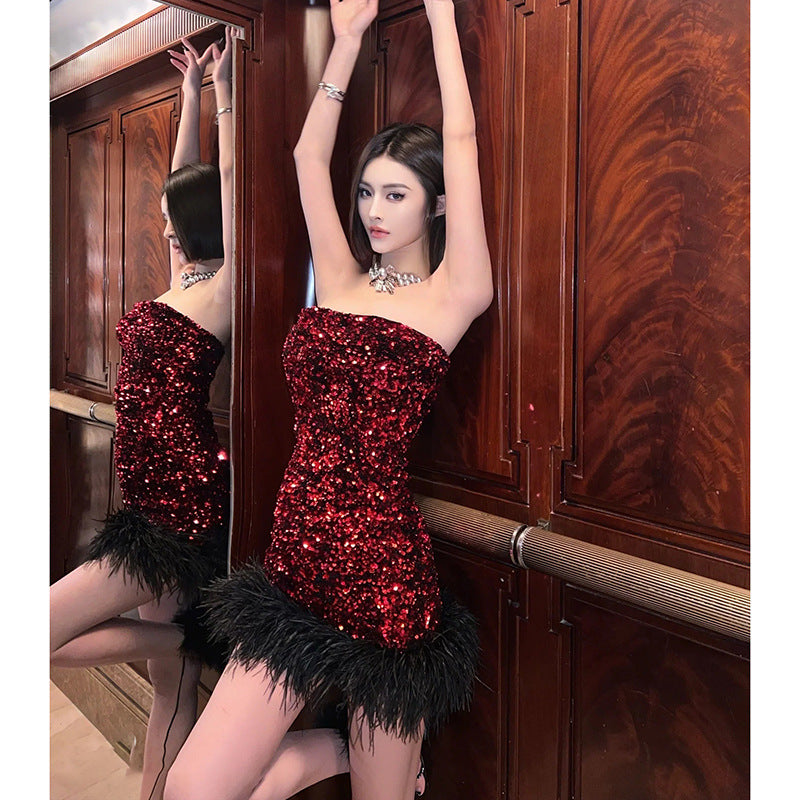 Quintina Sequin Feather Strapless Mini Dress In Red