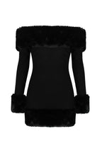 rita Black long-sleeve off-shoulder mini dress with fuzzy details