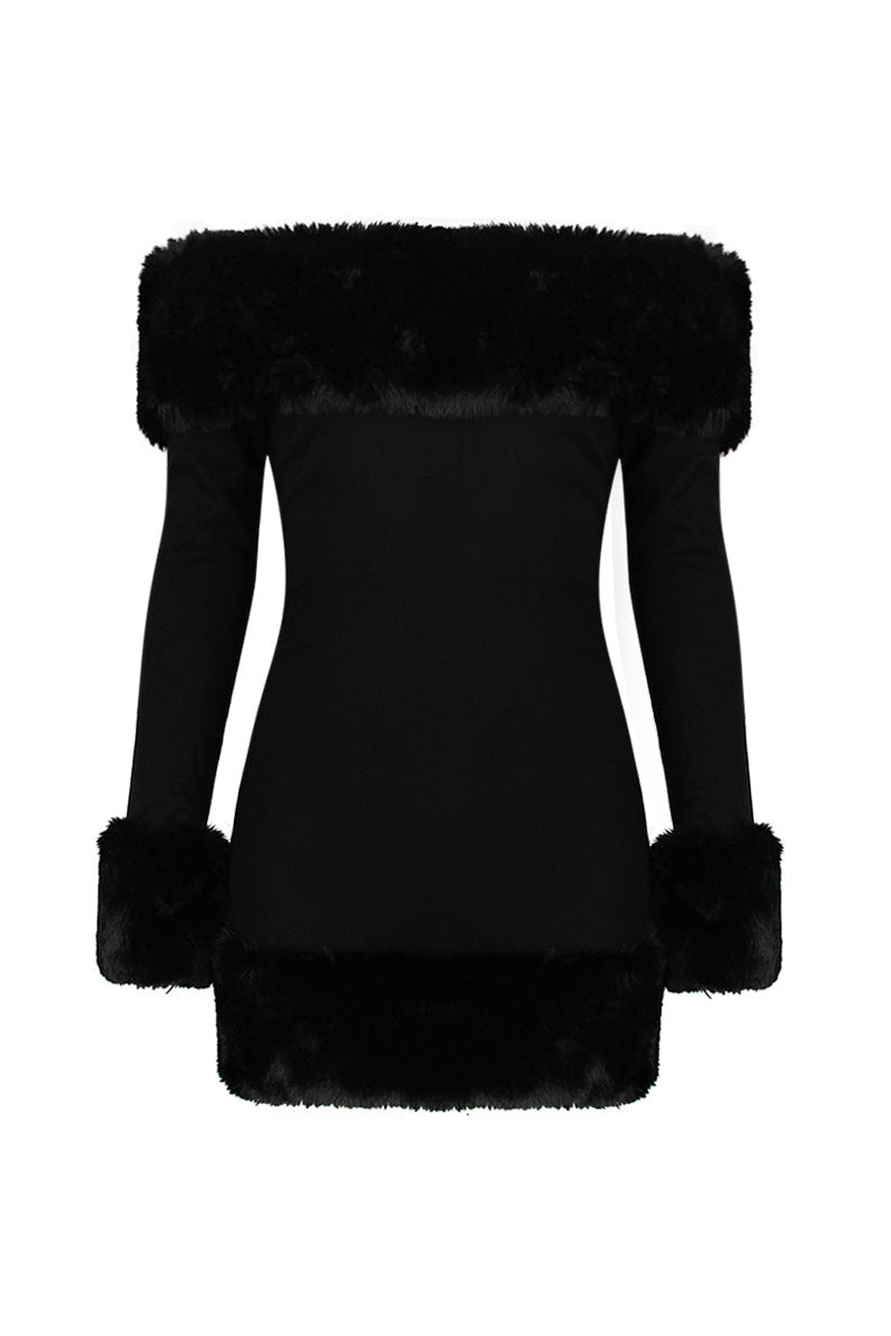 Flowering Girl Women Rita Black Long-Sleeve Off-Shoulder Mini Dress With Fuzzy Details