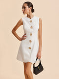 Flowering Girl Women Sleeveless Wavy Trim Gold Button Mini Dress