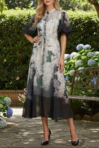 Pink Floral Print Mandarin Collar Chiffon Maxi Dress