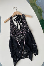 Flowering Girl Women Backless Sheer Lace Halter Top In Black