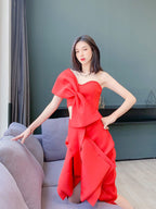 Dolores Strapless Two-Piece Set, Adorned With Bows And Irregular Ribbon Decorations-Red