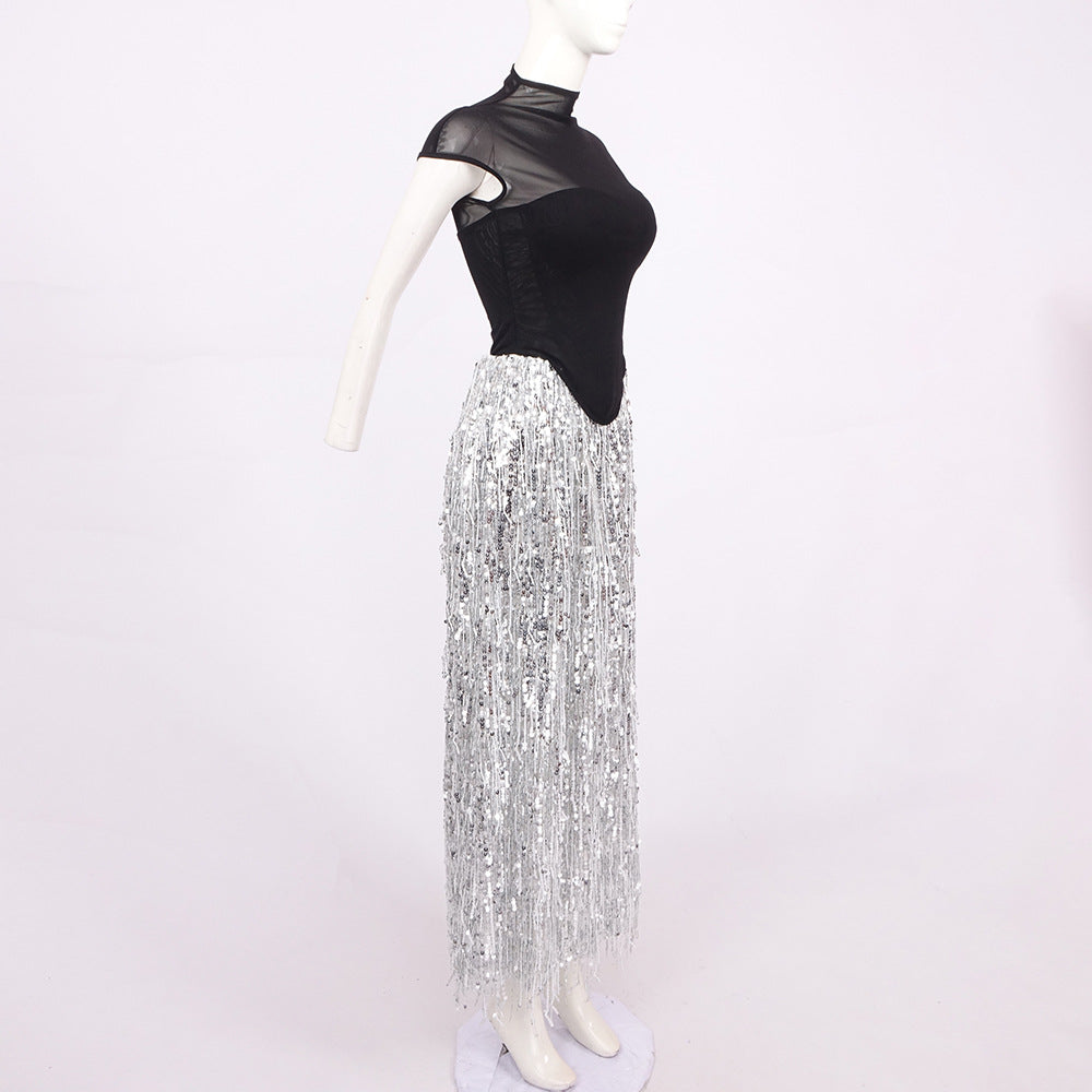 Flowering Girl Women tassel sequin black corset maxi dress