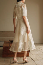 Flowering Girl Women Lace Embroidered Shirt Collar Midi Dress - apricot