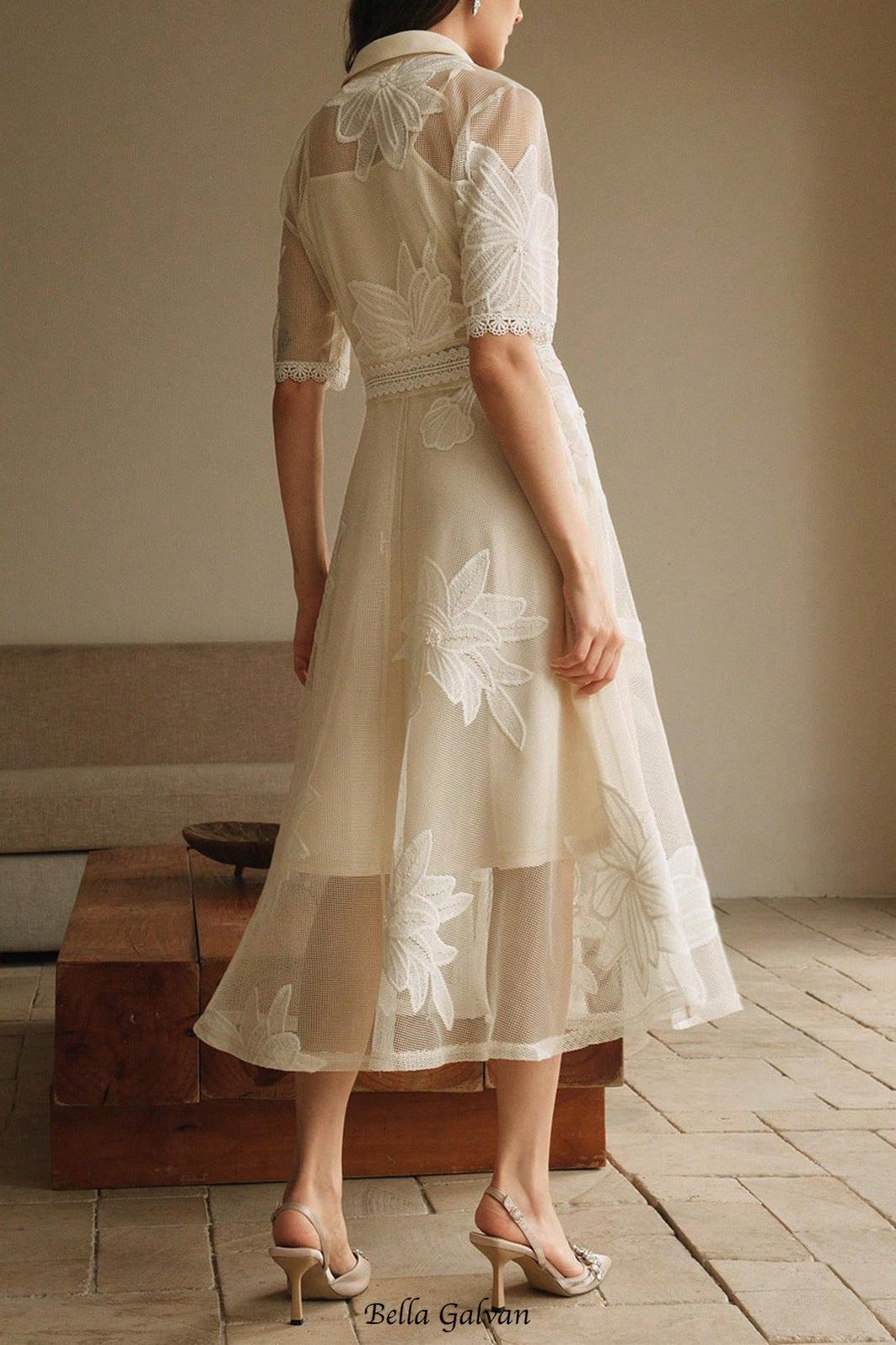 Flowering Girl Women Lace Embroidered Shirt Collar Midi Dress - apricot
