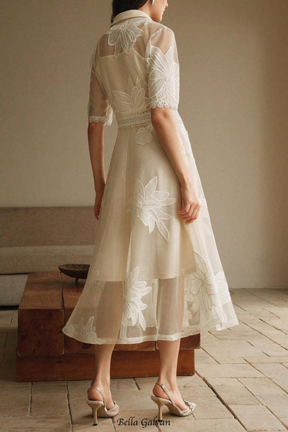 Lace Embroidered Shirt Collar Midi Dress - apricot