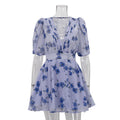 V-neck puff sleeve pleated mini dress - blue
