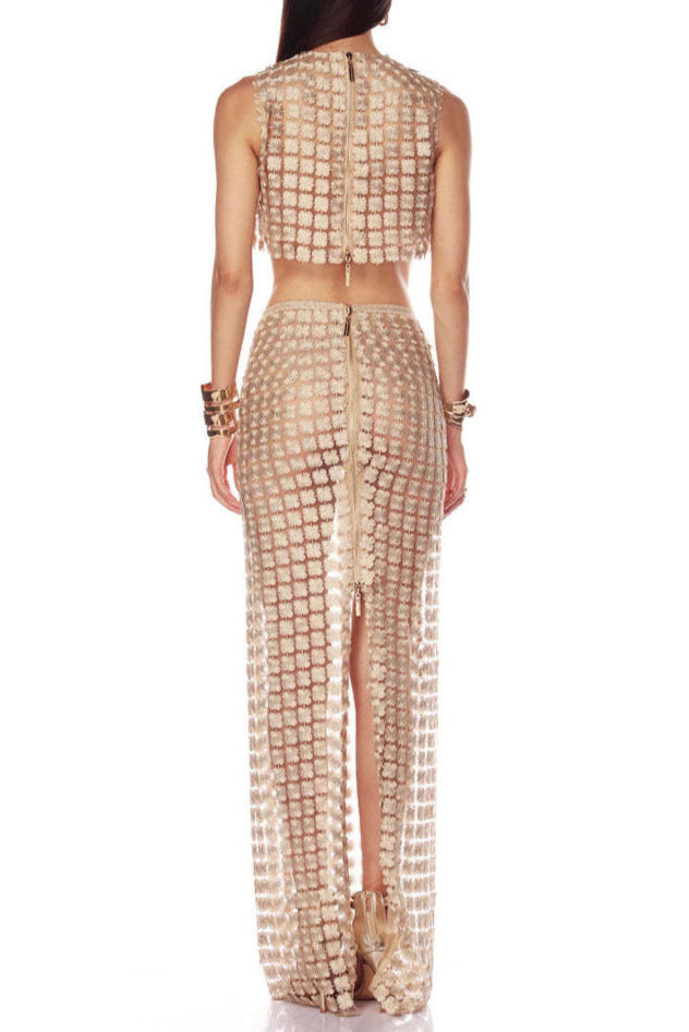 Flowering Girl Women Apricot Sheer Plaid Fishtail Maxi Skirt Two Piece Of Set