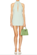 Flowering Girl Women v-Neck Cutout Backless Crepe Halter Dress - Celadon