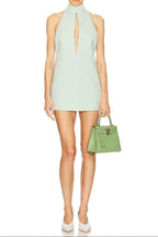 Flowering Girl Women v-Neck Cutout Backless Crepe Halter Dress - Celadon