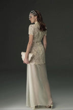 Beige Lace Overlay Collared Maxi Dress with Organza Skirt