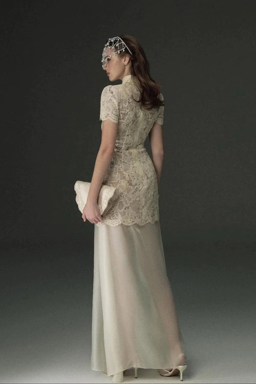 Flowering Girl Women Beige Lace Overlay Collared Maxi Dress with Organza Skirt