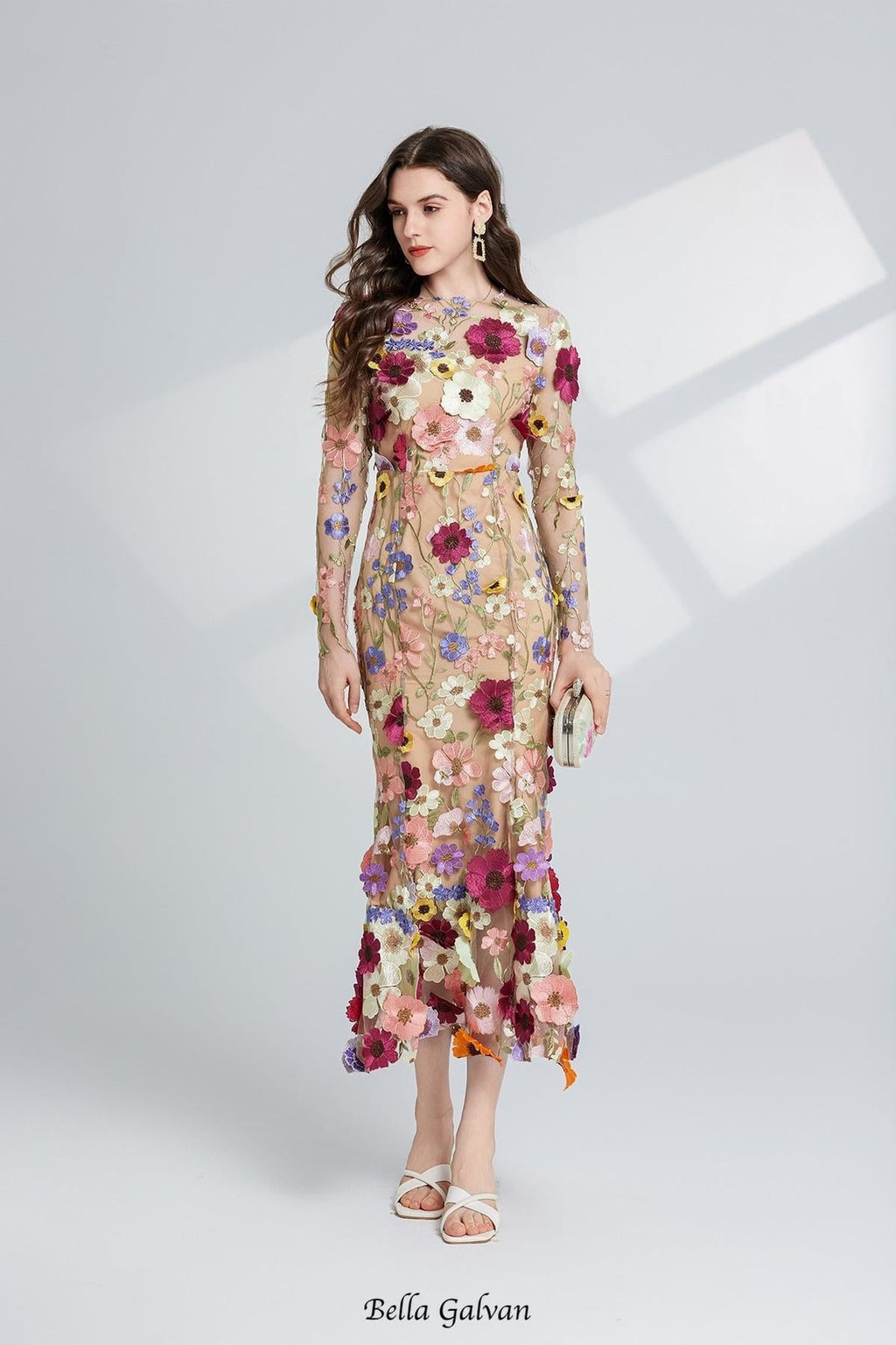 Flowering Girl Women CAROL brown FLORAL EMBROIDERY MESH LONG SLEEVE MIDI DRESS