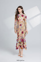 Flowering Girl Women CAROL brown FLORAL EMBROIDERY MESH LONG SLEEVE MIDI DRESS