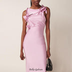 3d flower asymmetric satin slit gown in pink