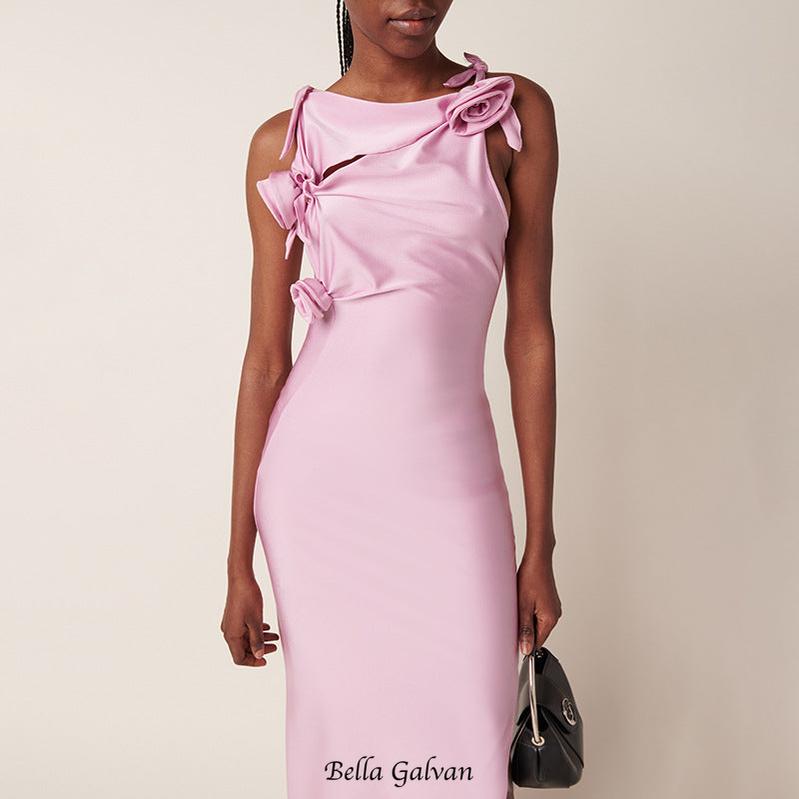 3d flower asymmetric satin slit gown in pink
