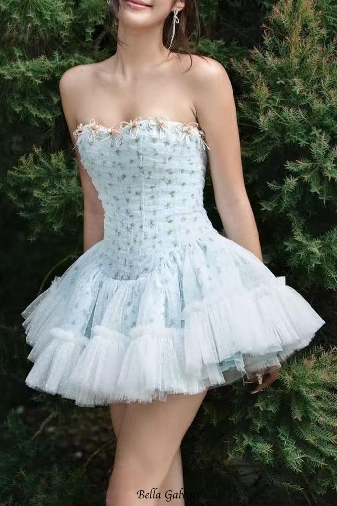 irene floral print strapless tulle mini dress in blue