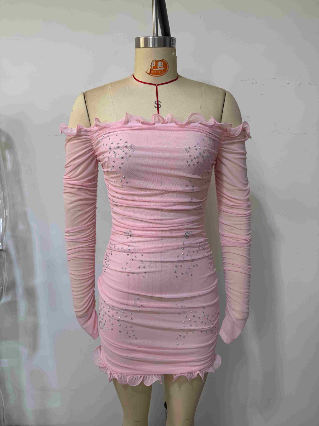 xaviera Pink Off-Shoulder Bodycon Beads mini Dress