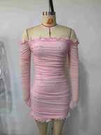 Xaviera Pink Off-Shoulder Bodycon Beads Mini Dress