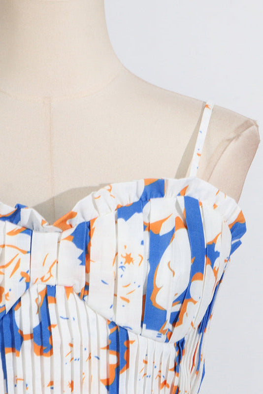 Flowering Girl Women Pleated Floral-Print Linen Bustier Top Skirt Set In Blue