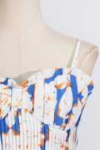 Flowering Girl Women Pleated Floral-Print Linen Bustier Top Skirt Set In Blue