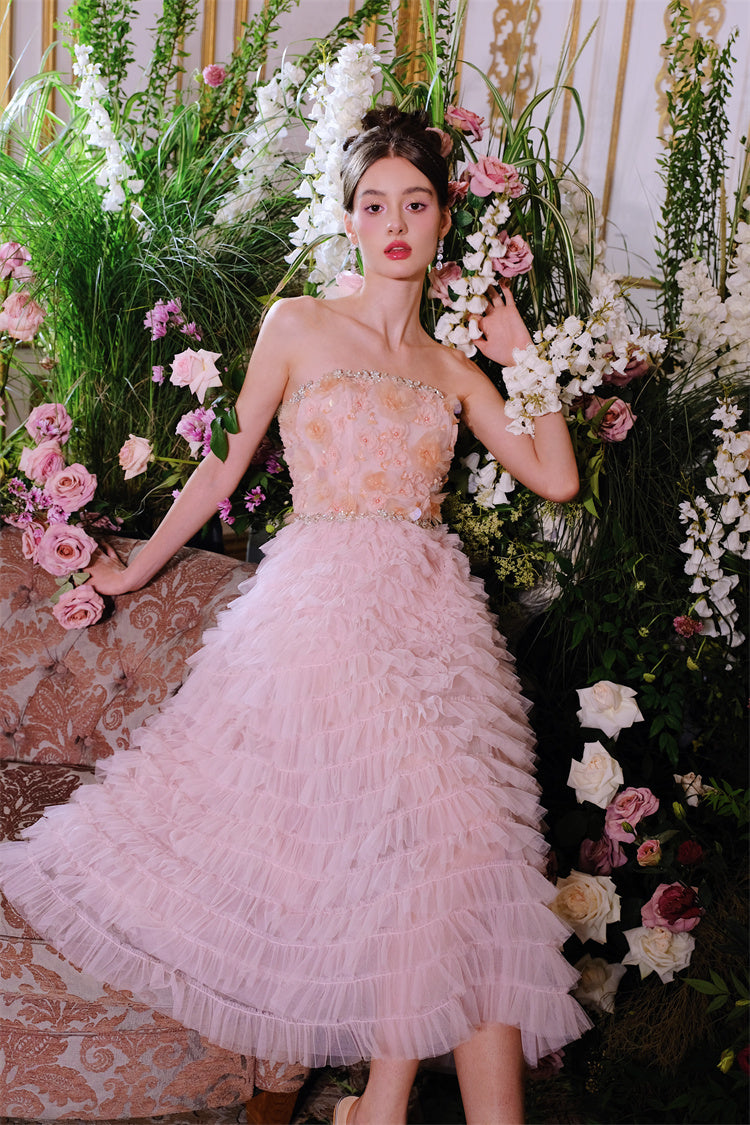Pink Princess Layer Ruffle Midi Floral Embroidery Strapless Dress