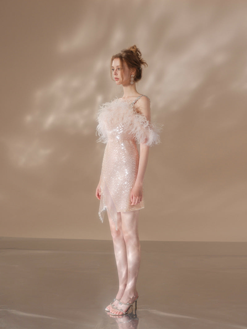 Priscilla Sequin Feather Crystal-Strap Mini Dress In Pink