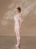 Priscilla Sequin Feather Crystal-Strap Mini Dress In Pink