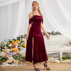 Flowering Girl Women Slit Velvet Off-Shoulder Spaghetti Strap Dress