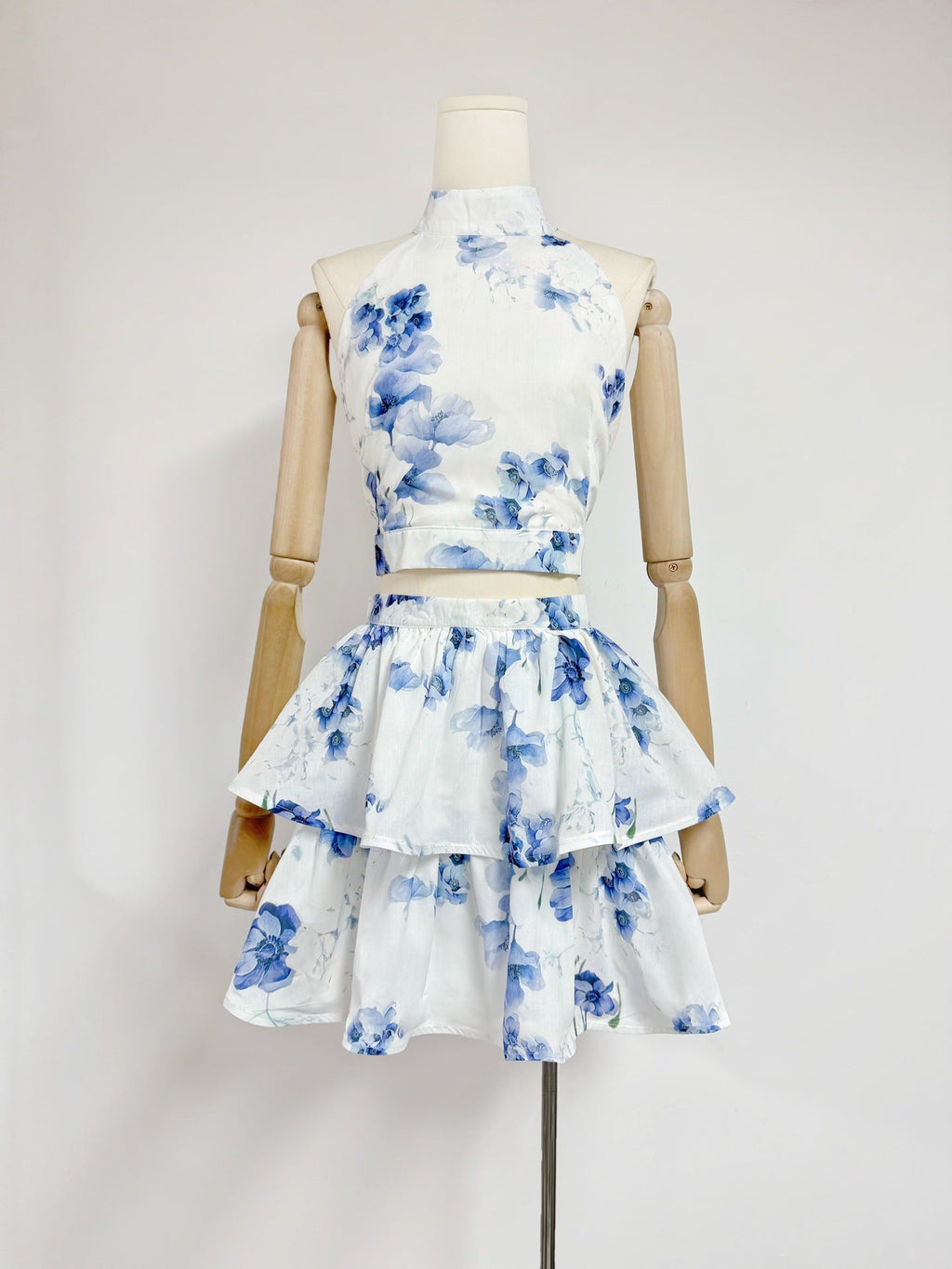 Flowering Girl Women jessica printed backless halter top skirt set in blue