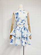 Flowering Girl Women jessica printed backless halter top skirt set in blue