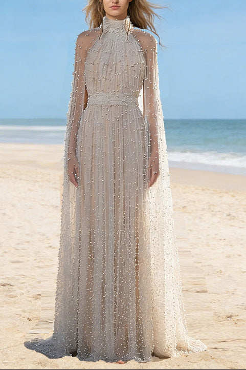 white Nail Bead Mesh maxi Dress