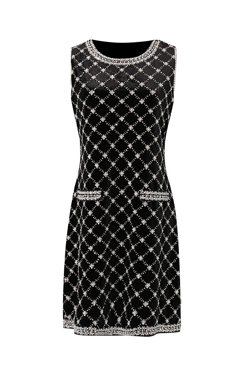 Amanda Black-White Plaid Diamond Sleeveless Mini Dress