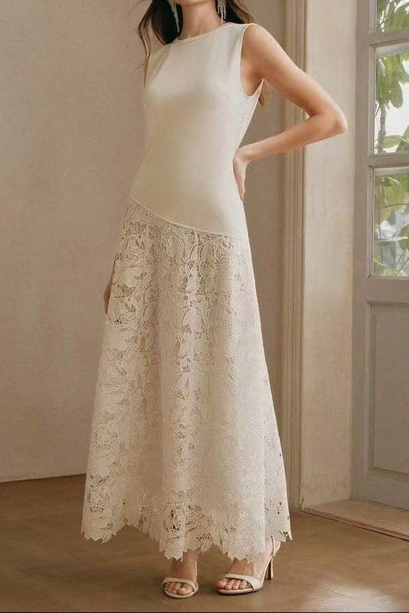 Flowering Girl Women Crew Neck Lace patchwork sleeveless maxi Dress - beige