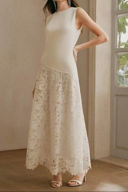 Crew Neck Lace patchwork sleeveless maxi Dress - beige