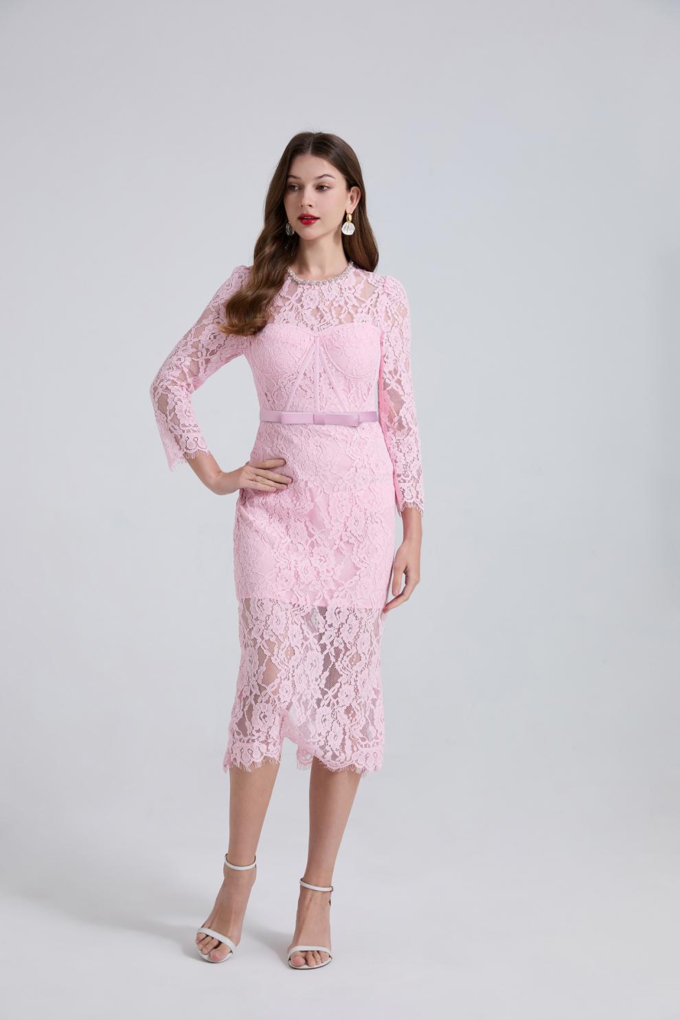 bernice rhinestone fishbone lace midi dress in pink