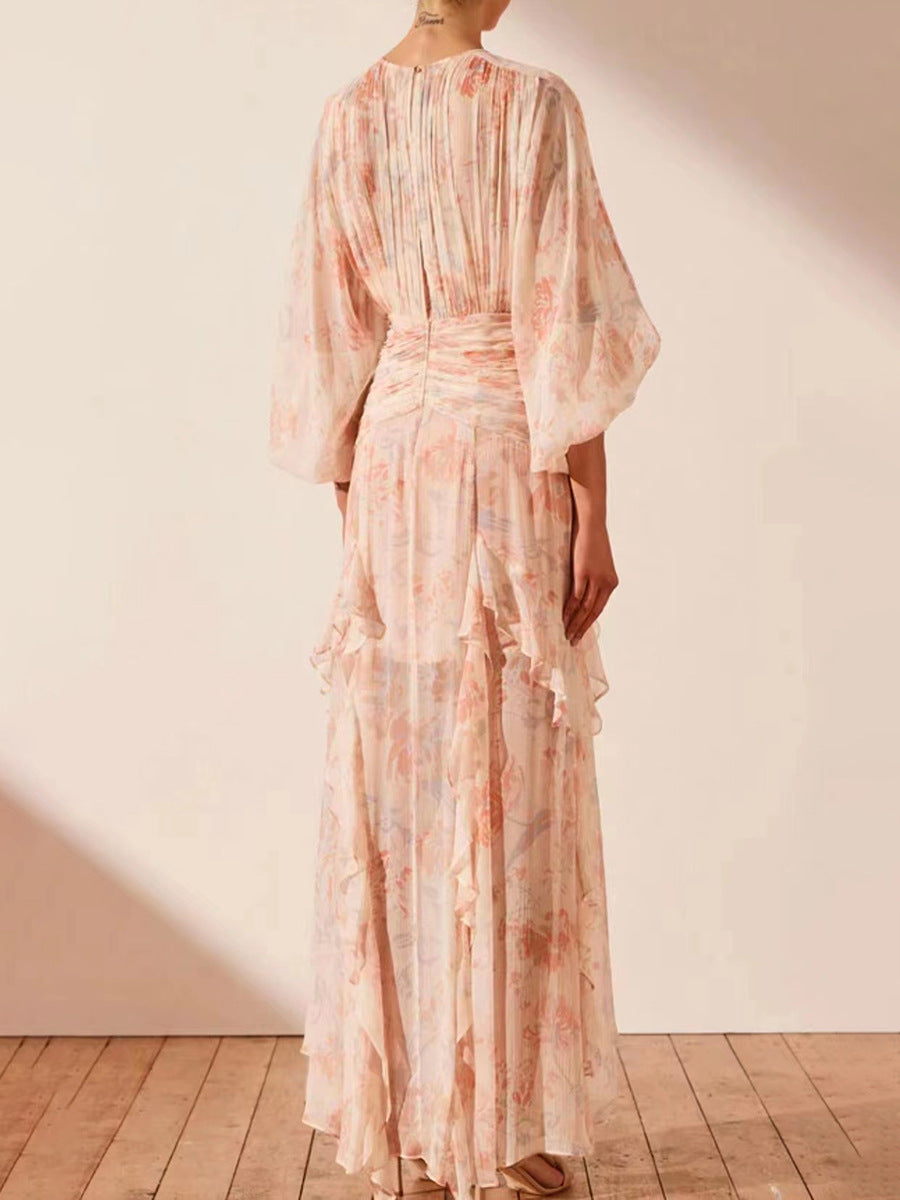 Flowering Girl Women puff long sleeve tiered ruffle hem maxi dress in pink