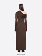 Flowering Girl Women maud One-shoulder pleated high-slit maxi dress - brown