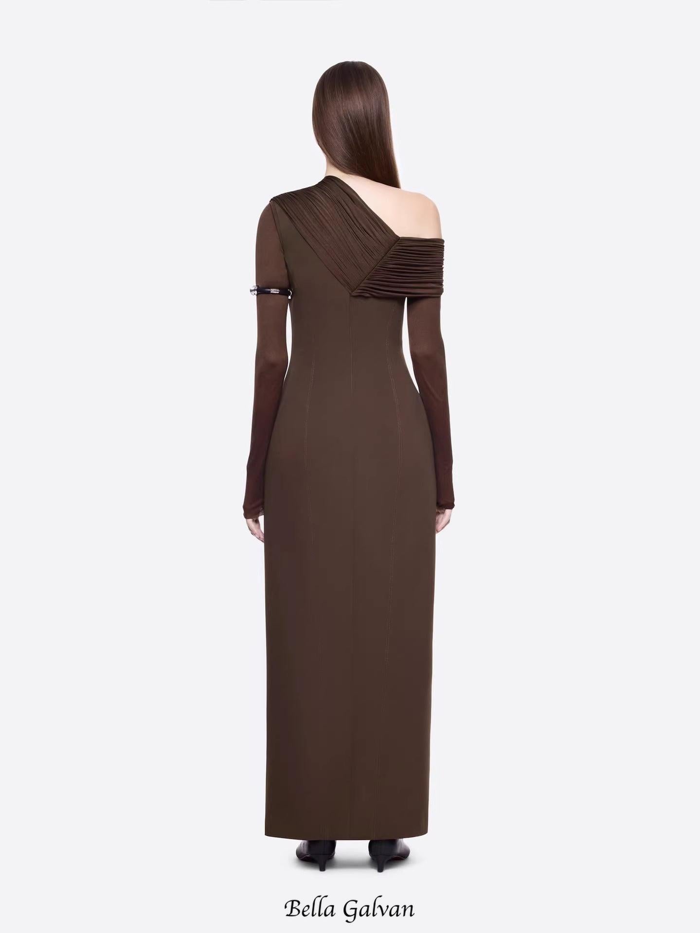 Flowering Girl Women maud One-shoulder pleated high-slit maxi dress - brown