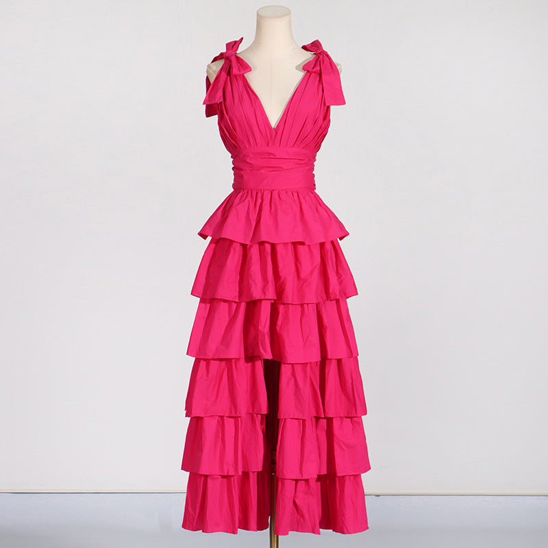 Flowering Girl Women Plunge V Ruffle Tiered Slit Gown In Pink