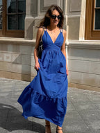 Flowering Girl Women Blue V-neck camisole linen A-line maxi dress